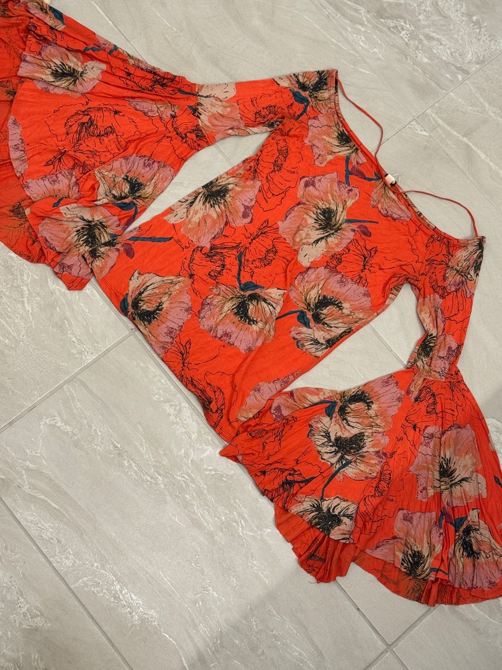 We The Free Orange Floral Bell Sleeve Scoop-Neck Top Boho Hippie Festival
